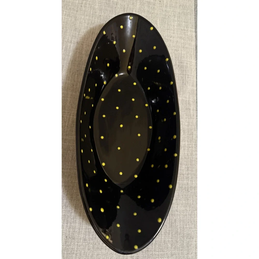 Hand-Painted Ceramic Fruit Bowl – Black w/ Yellow Polka Dots Pears Red– Signed
